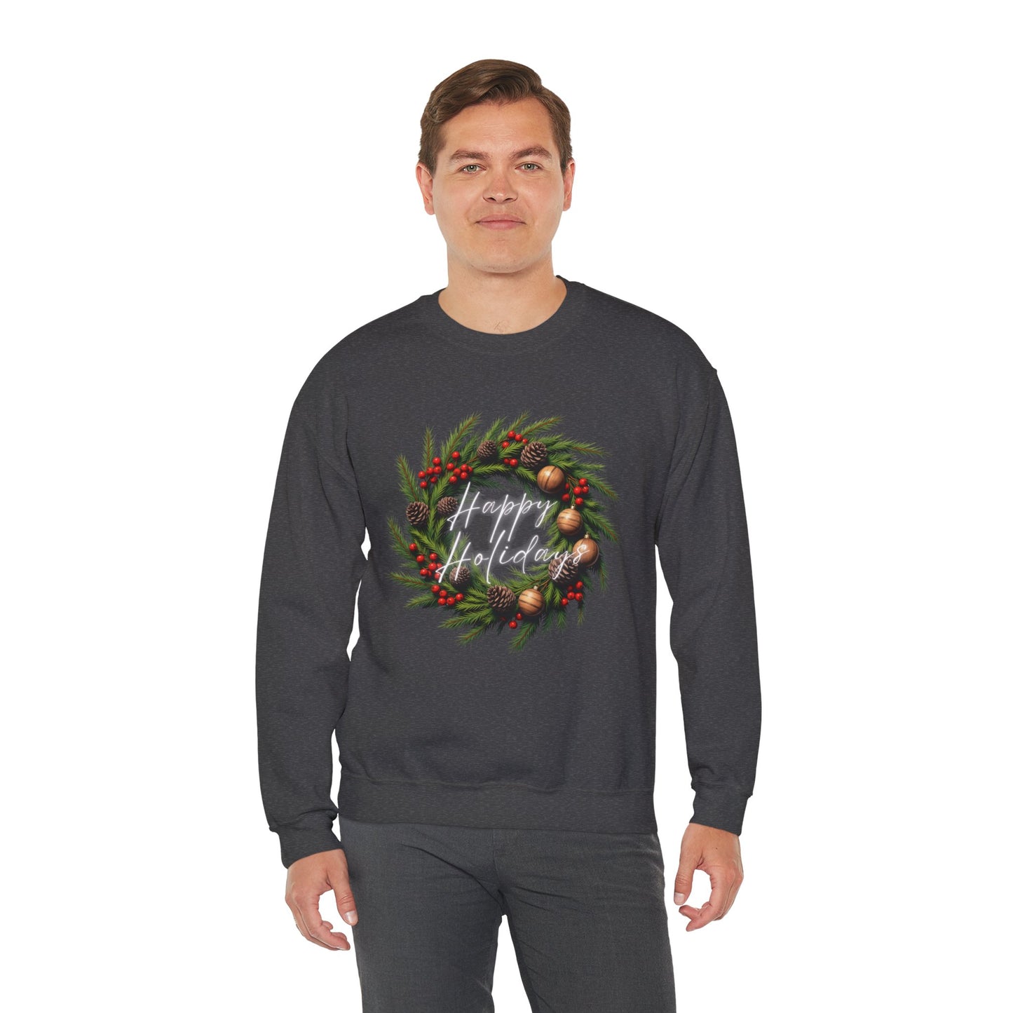 Christmas Wreath Crewneck Sweatshirt – Festive Pine & Ornaments Holiday Sweater