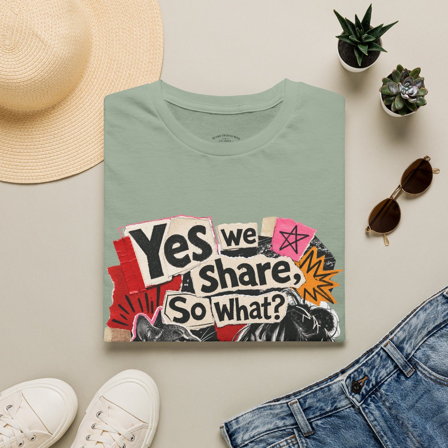 T-Shirt — "Yes We Share, So What?" Retro Collage Graphic Tee