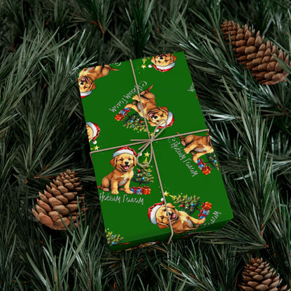 Christmas Puppy Gift Wrap Paper - Green Holiday Dog Wrapping Paper