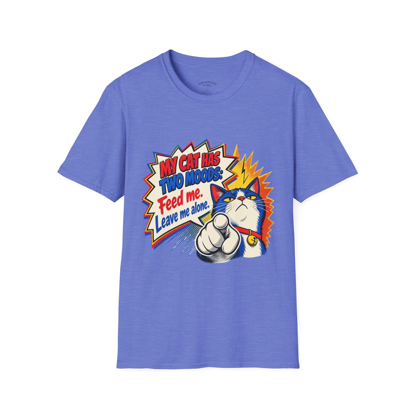Cat T-Shirt — "My Cat Has Two Moods: Feed Me, Leave Me Alone" Funny Retro Comic Tee