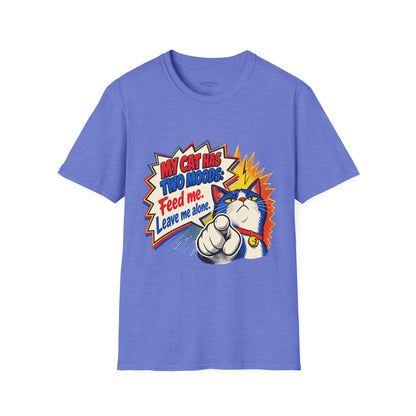 Cat T-Shirt — "My Cat Has Two Moods: Feed Me, Leave Me Alone" Funny Retro Comic Tee