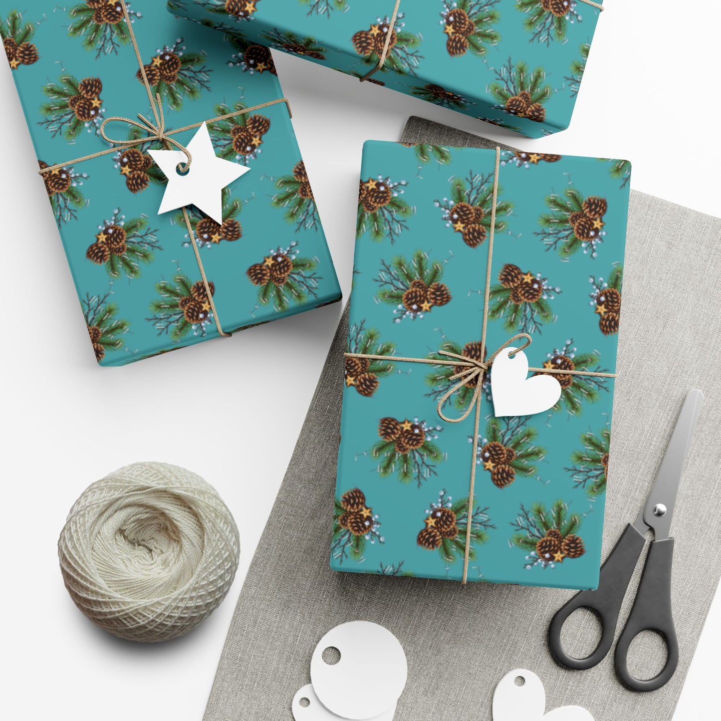 Pinecone Bouquet Gift Wrap - Rustic Teal Holiday Wrapping Paper