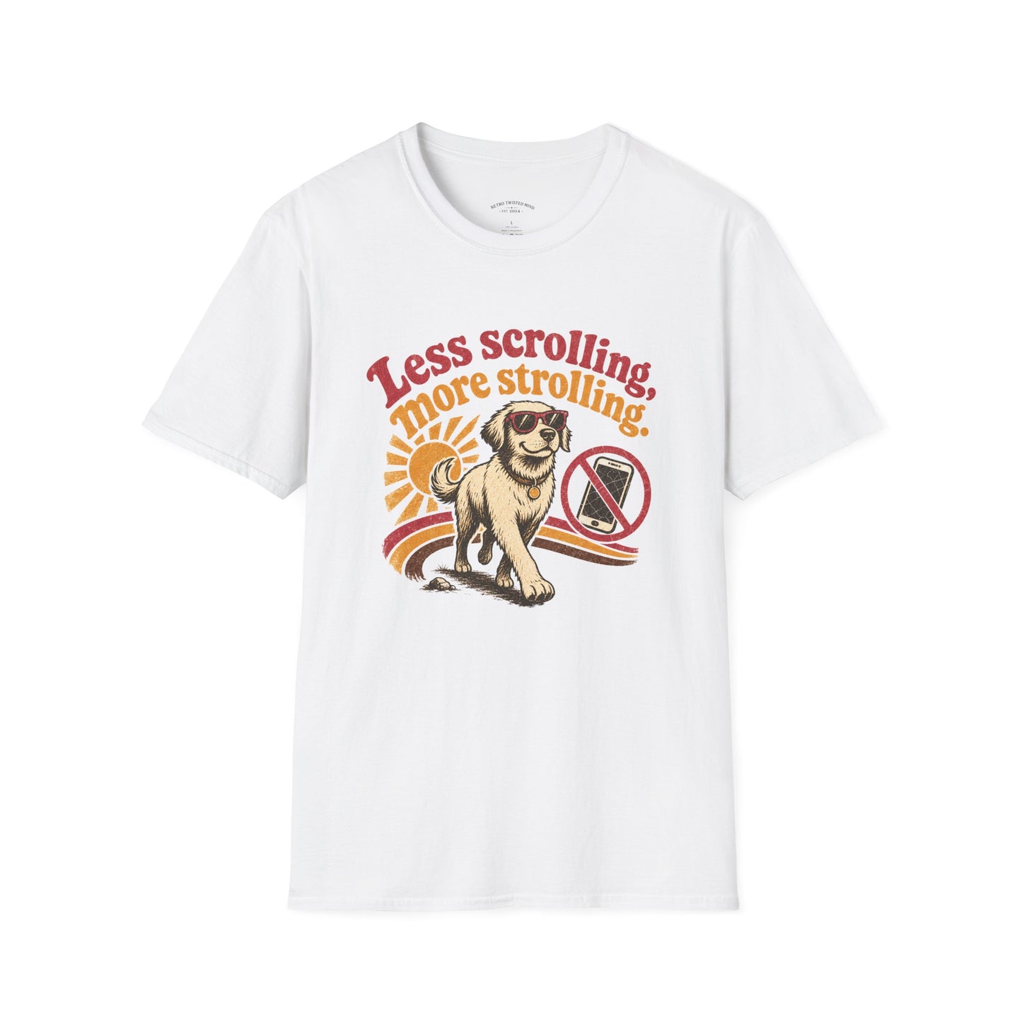 Less Scrolling More Strolling T-Shirt — Retro Dog Walk Graphic Tee