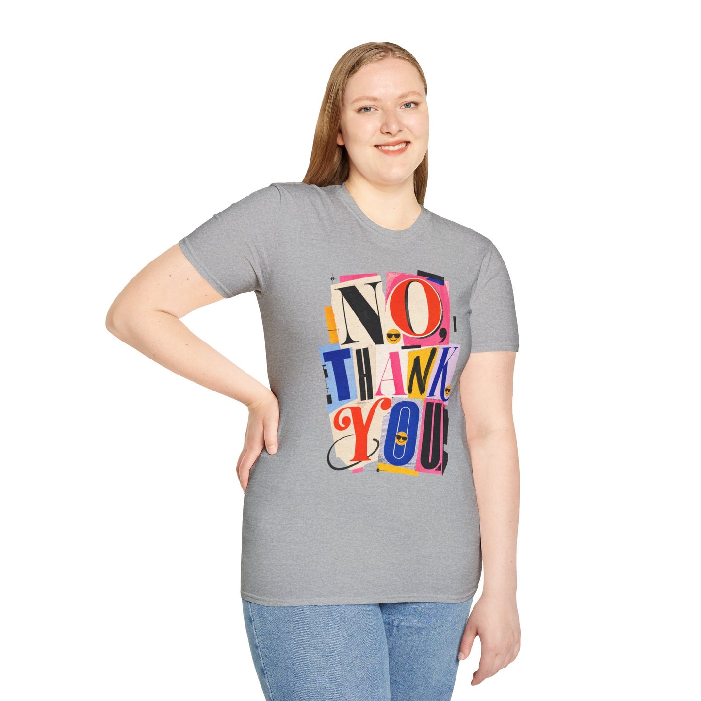 No, Thank You Graphic Tee — Colorful Bold Lettering T‑Shirt