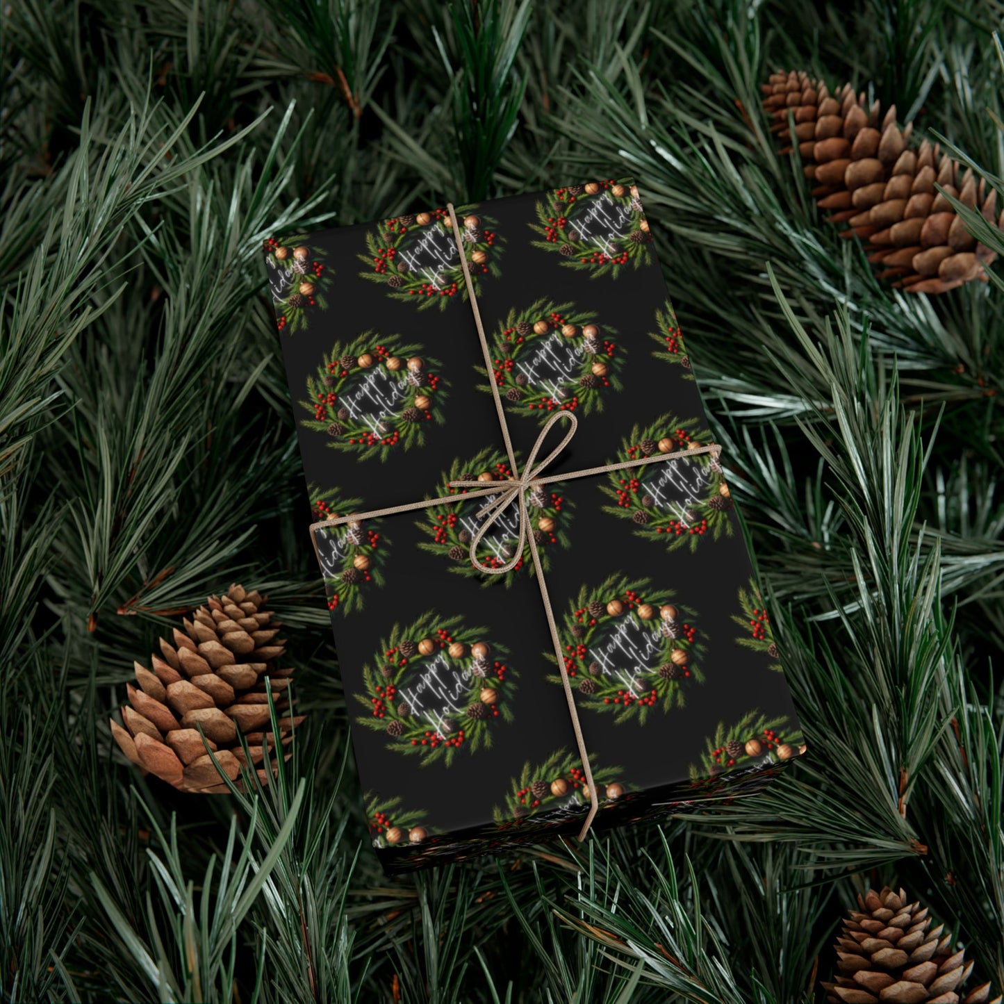 Christmas Wreath Gift Wrap Paper — Dark Holiday Wrapping Paper (Pack)