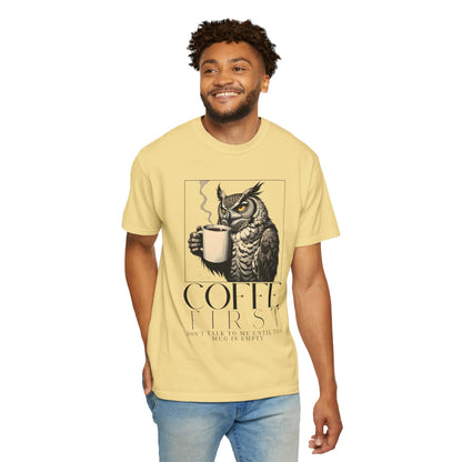 Coffee First Owl T-Shirt — Coffee Lover Graphic Tee