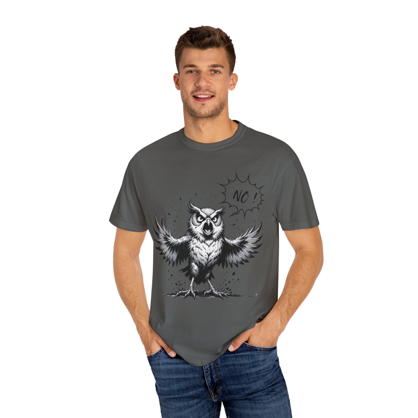 Owl Saying “No” Graphic T-Shirt — Bold Monochrome Illustration