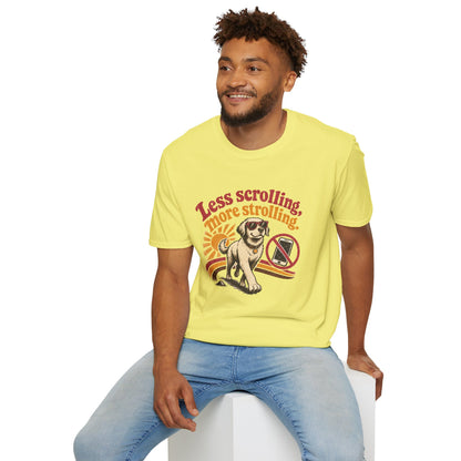 Less Scrolling More Strolling T-Shirt — Retro Dog Walk Graphic Tee