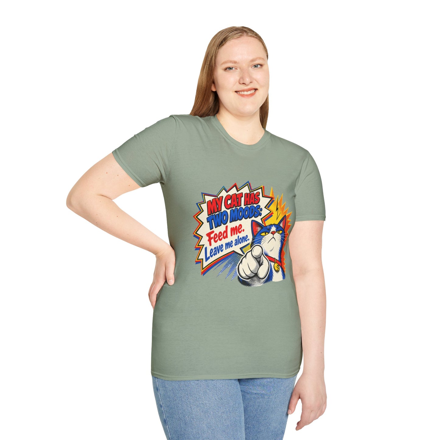 Cat T-Shirt — "My Cat Has Two Moods: Feed Me, Leave Me Alone" Funny Retro Comic Tee