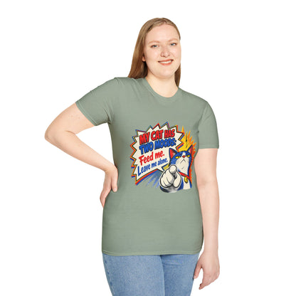 Cat T-Shirt — "My Cat Has Two Moods: Feed Me, Leave Me Alone" Funny Retro Comic Tee
