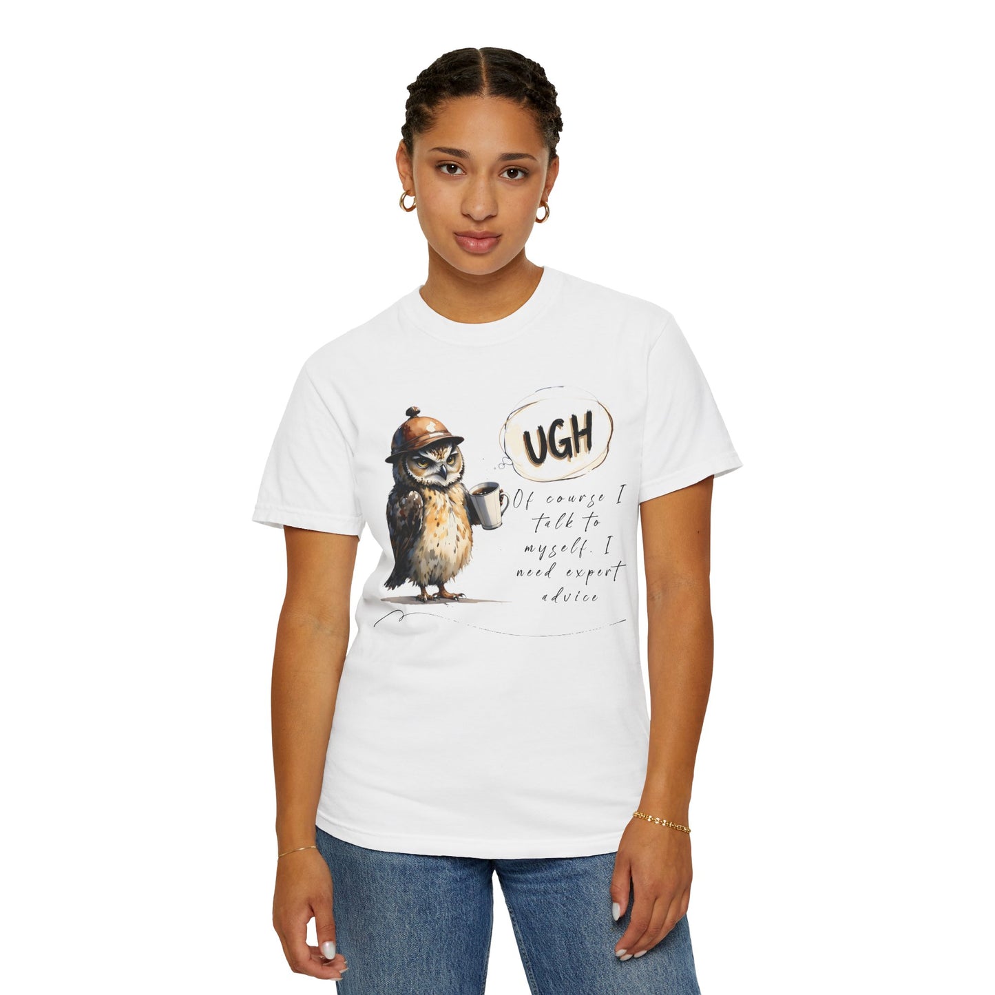 “Ugh” Owl Coffee T-Shirt — Cute Illustrated Owl Saying “UGH” with Coffee