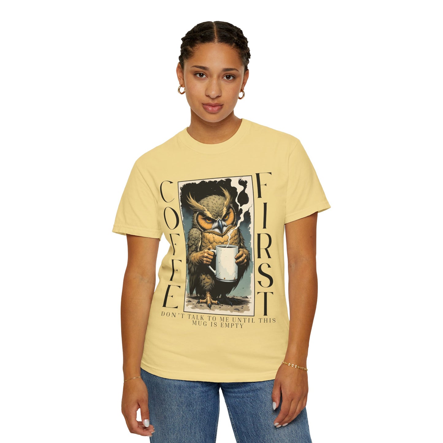 Coffee First Owl T-Shirt — Vintage Owl Holding  Graphic Tee