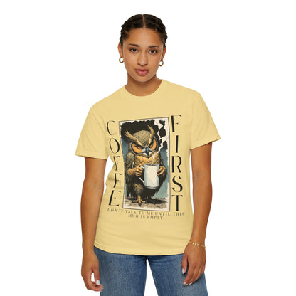 Coffee First Owl T-Shirt — Vintage Owl Holding  Graphic Tee
