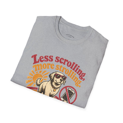 Less Scrolling More Strolling T-Shirt — Retro Dog Walk Graphic Tee