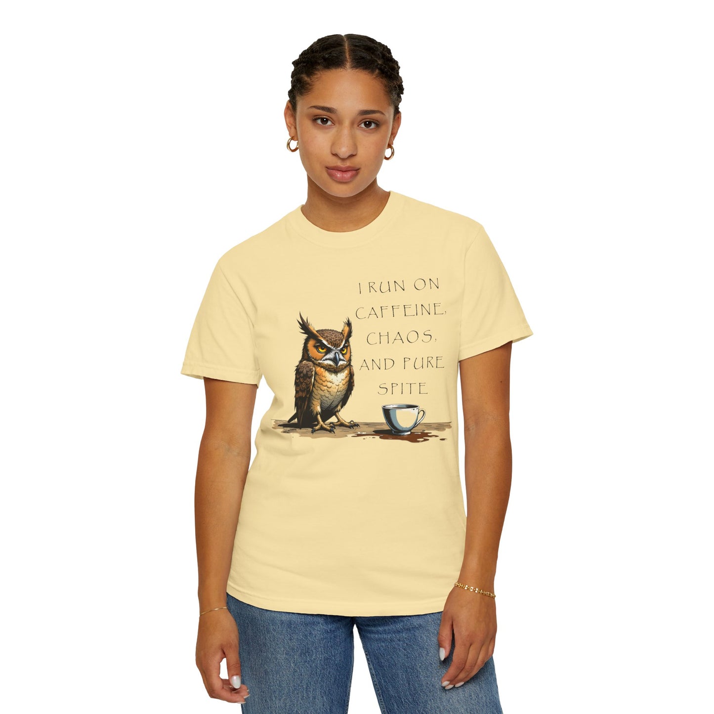 Owl & Coffee T‑Shirt — "I Run On Caffeine, Chaos, And Pure Spite" Graphic Tee