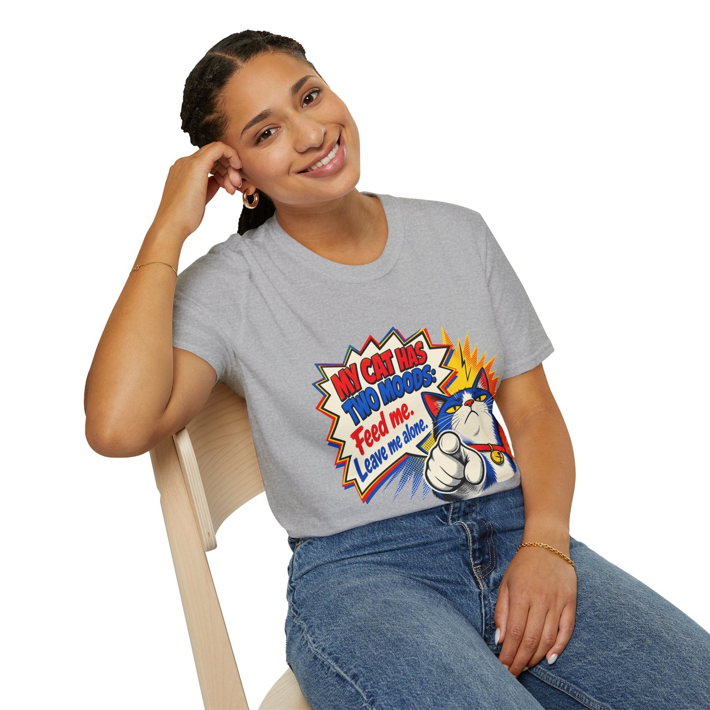 Cat T-Shirt — "My Cat Has Two Moods: Feed Me, Leave Me Alone" Funny Retro Comic Tee