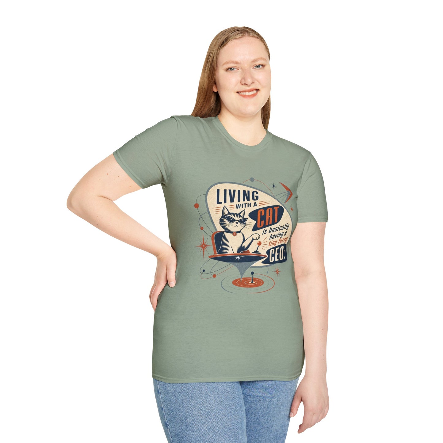 Cat T-Shirt — "Living with a Cat is Basically Having a Furry CEO" Retro Graphic