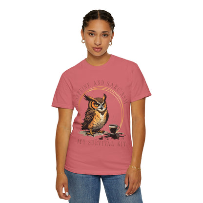 Coffee & Sarcasm Owl T-Shirt — "My Survival Kit" Graphic Tee