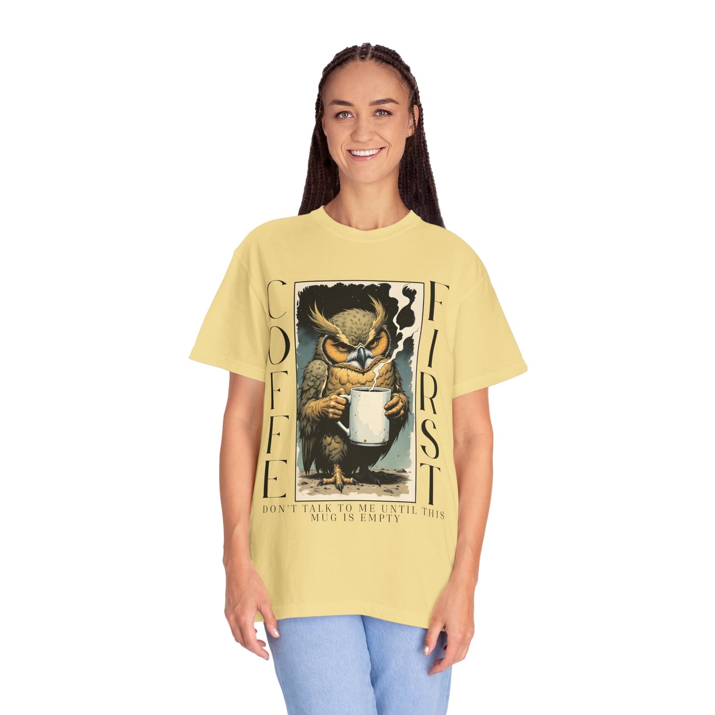 Coffee First Owl T-Shirt — Vintage Owl Holding  Graphic Tee