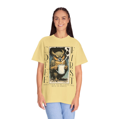 Coffee First Owl T-Shirt — Vintage Owl Holding  Graphic Tee