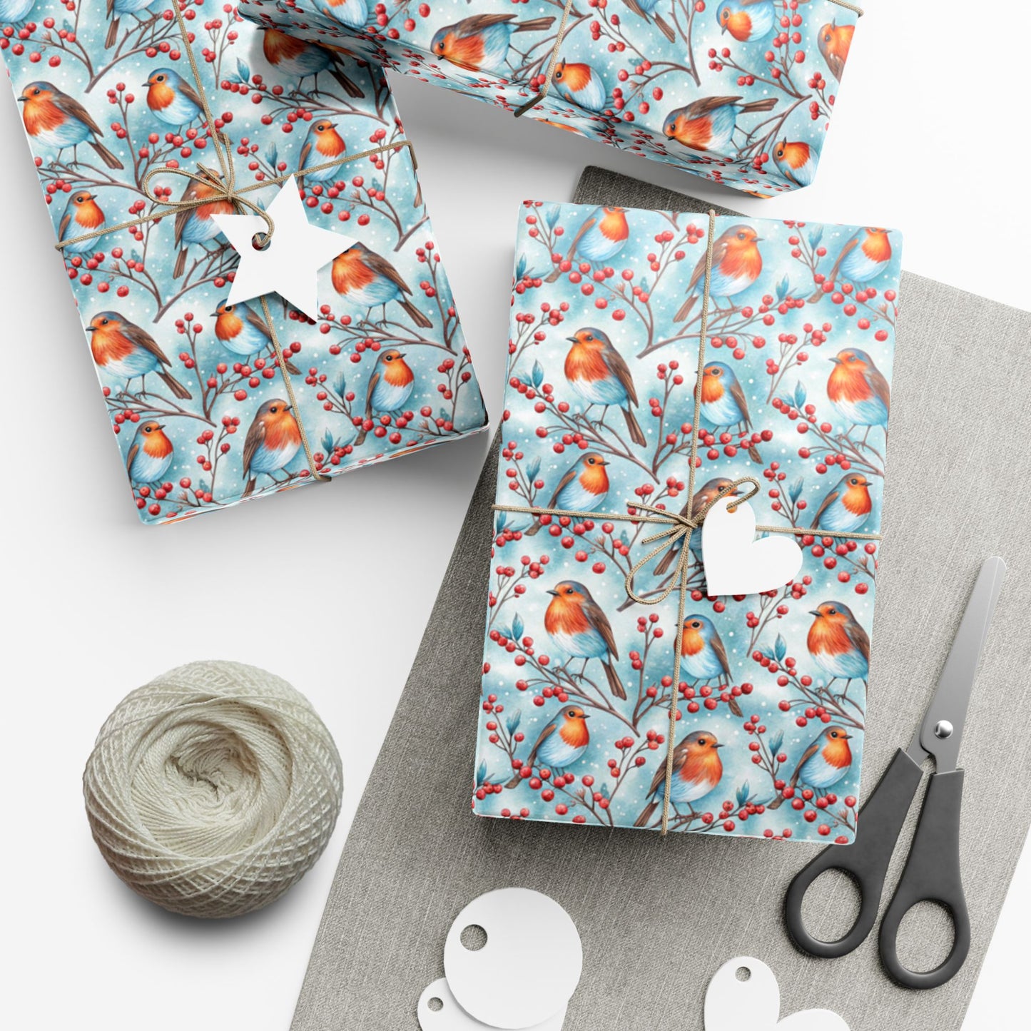 Robin & Berries Gift Wrap Paper — Winter Holiday Wrapping Sheets