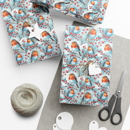 Robin & Berries Gift Wrap Paper — Winter Holiday Wrapping Sheets