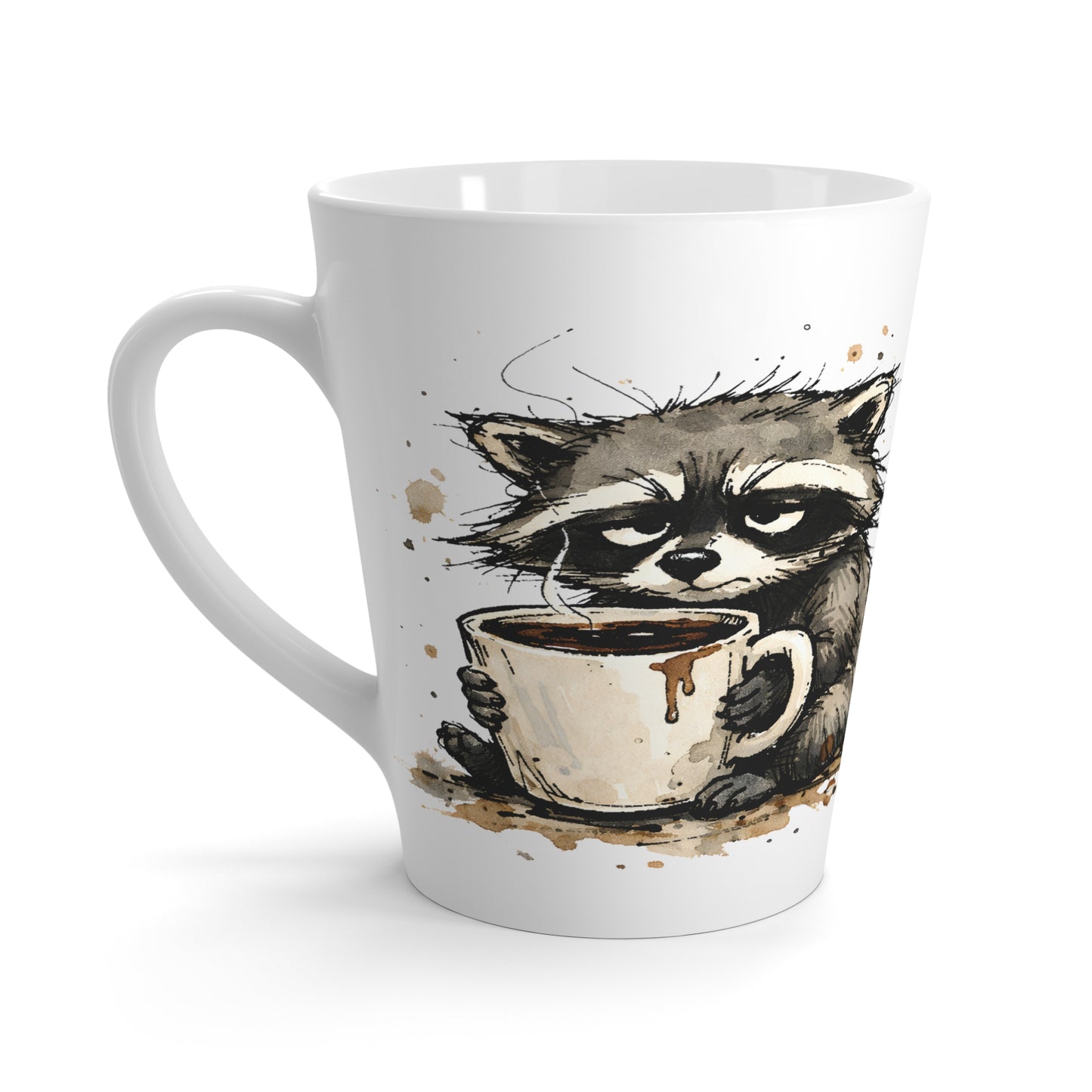 Latte Mug - Watercolor Raccoon Drinking Coffee Ceramic Mug