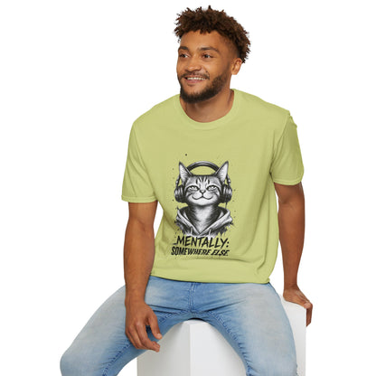 T-Shirt — Cat with Headphones "Mentally: Somewhere Else" – Cute Relaxed Graphic Tee for Cat Lovers