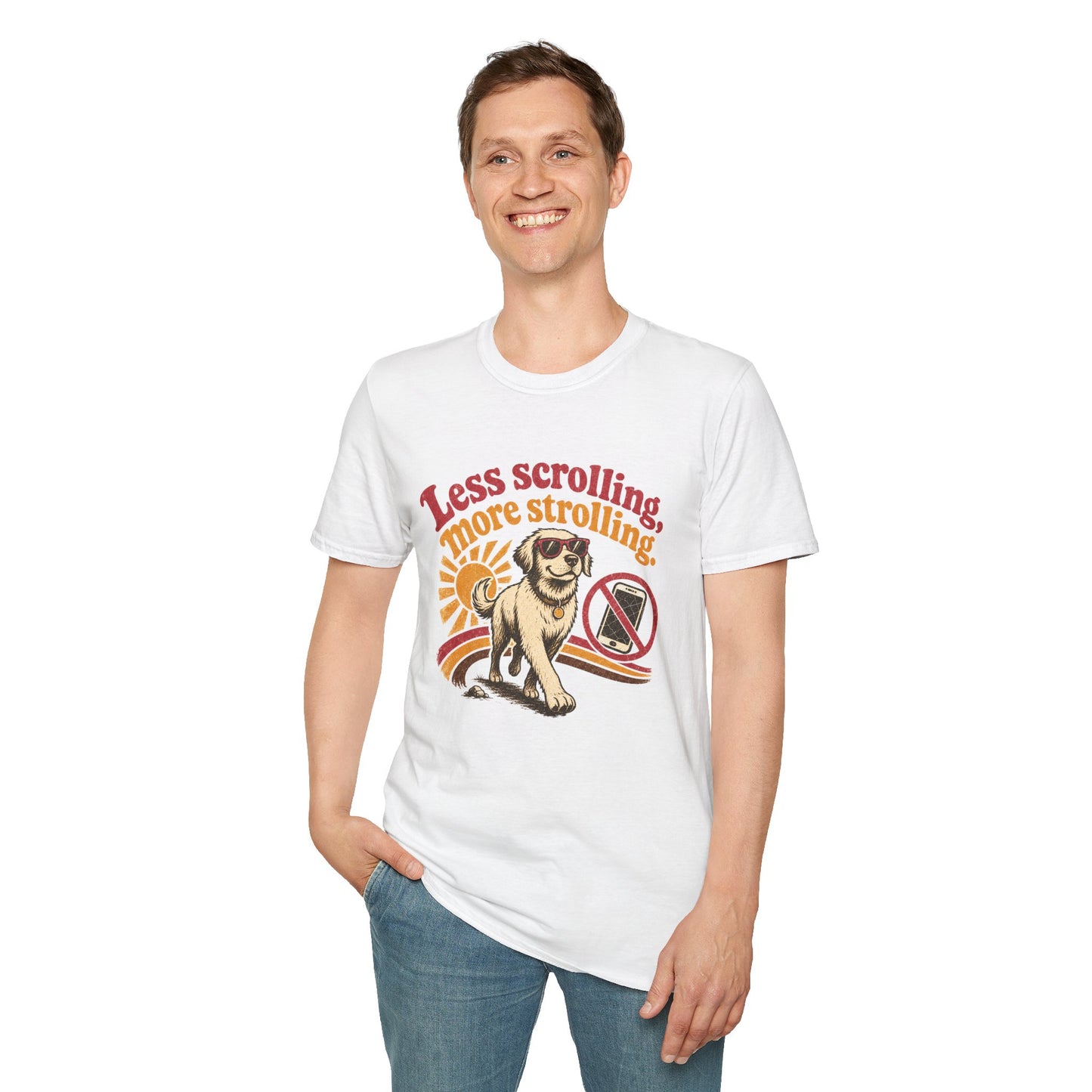 Less Scrolling More Strolling T-Shirt — Retro Dog Walk Graphic Tee
