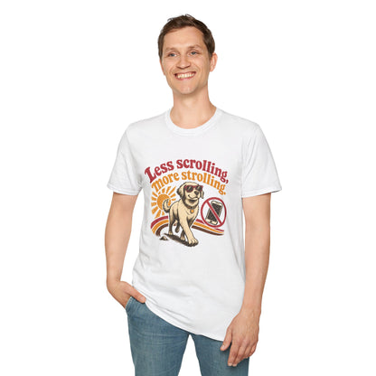 Less Scrolling More Strolling T-Shirt — Retro Dog Walk Graphic Tee
