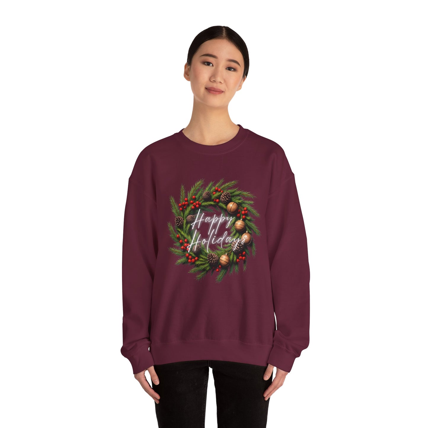 Christmas Wreath Crewneck Sweatshirt – Festive Pine & Ornaments Holiday Sweater
