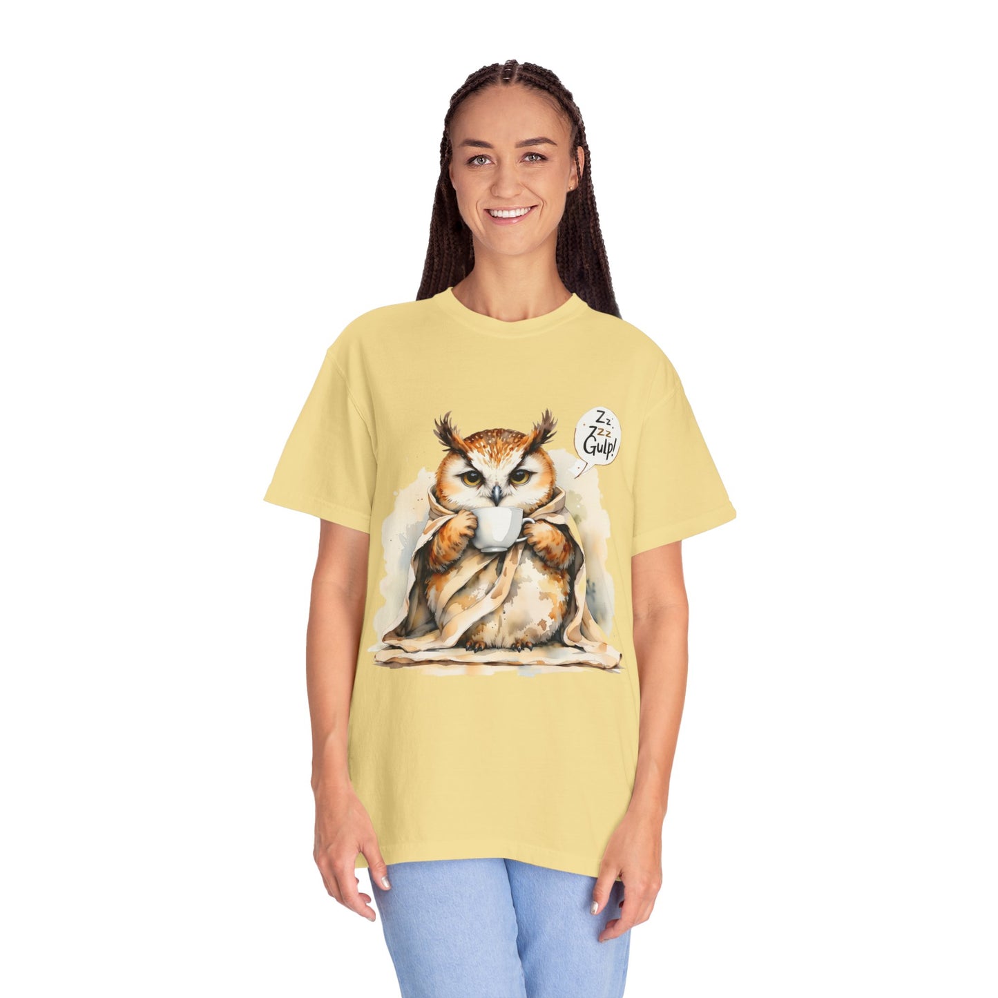 Cozy Owl Drinking Coffee T-Shirt – 'Zzz... Gulp!' Cute Morning Graphic Tee