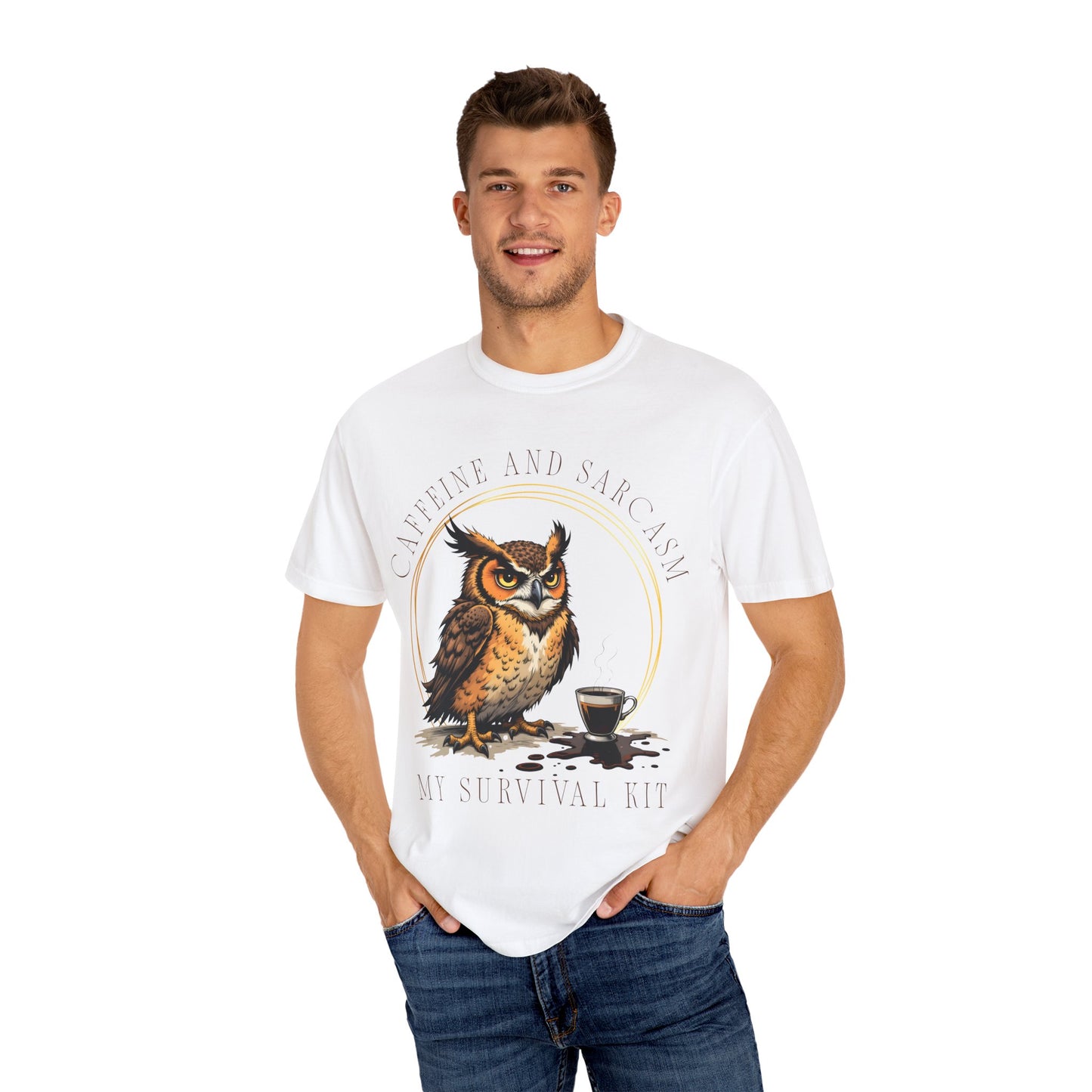 Coffee & Sarcasm Owl T-Shirt — "My Survival Kit" Graphic Tee