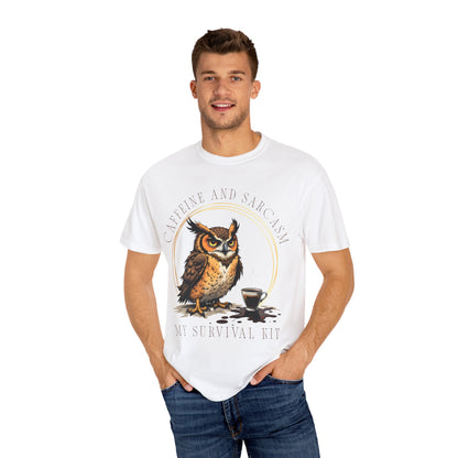 Coffee & Sarcasm Owl T-Shirt — "My Survival Kit" Graphic Tee