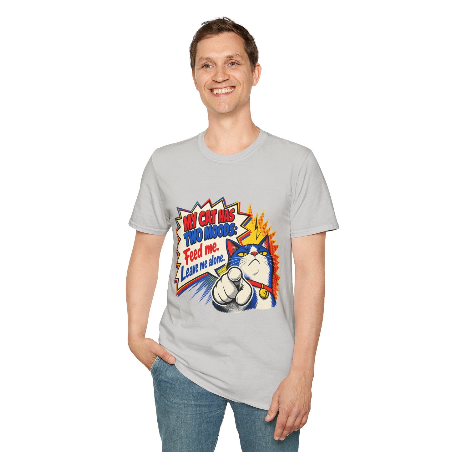 Cat T-Shirt — "My Cat Has Two Moods: Feed Me, Leave Me Alone" Funny Retro Comic Tee