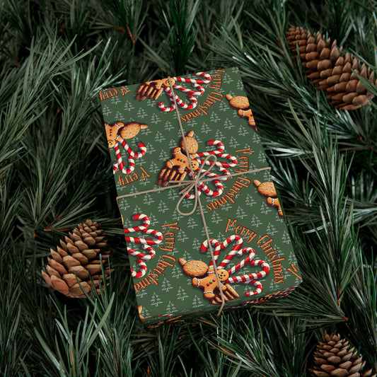 Christmas Candy Cane & Gingerbread Gift Wrap Paper – Festive Green Holiday Wrapping Sheets