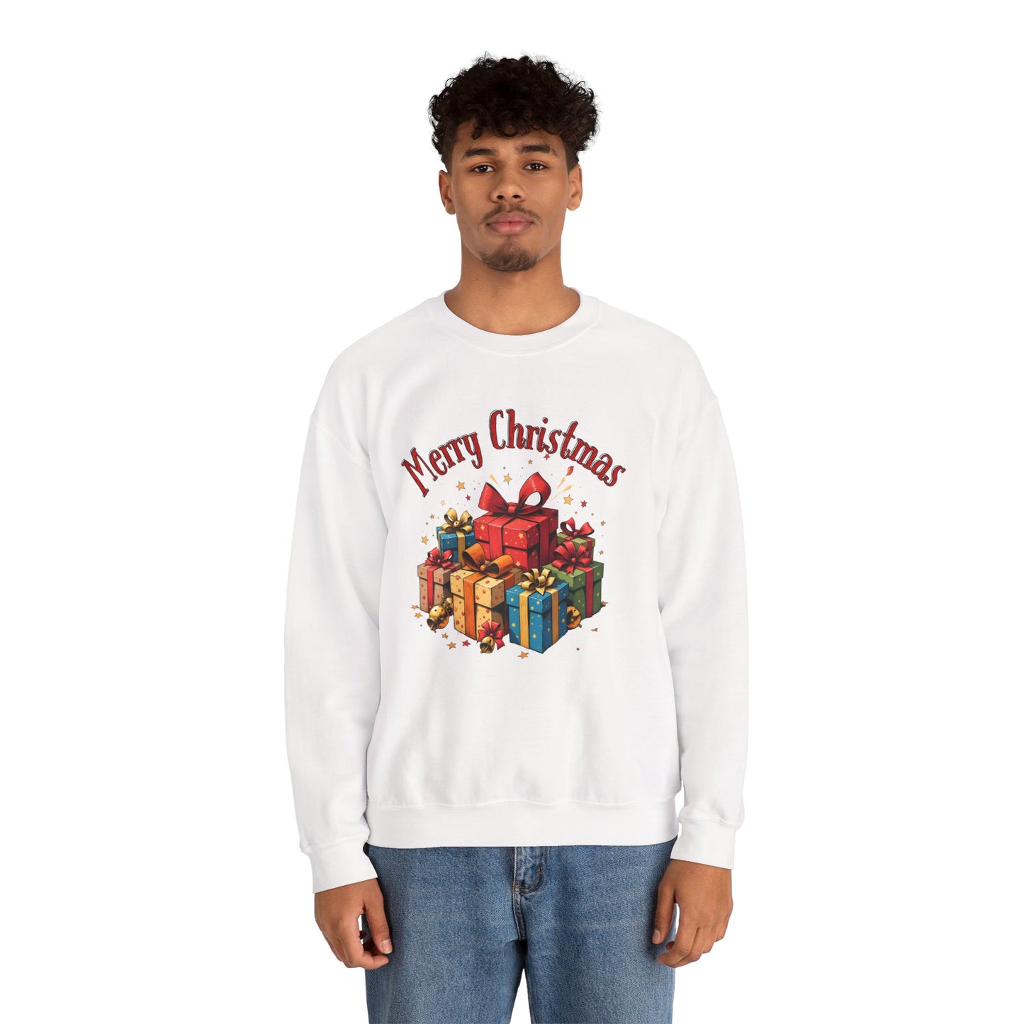 Christmas Crewneck Sweatshirt — "Merry Christmas" with Festive Gift Pile
