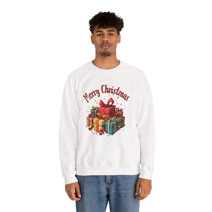 Christmas Crewneck Sweatshirt — "Merry Christmas" with Festive Gift Pile