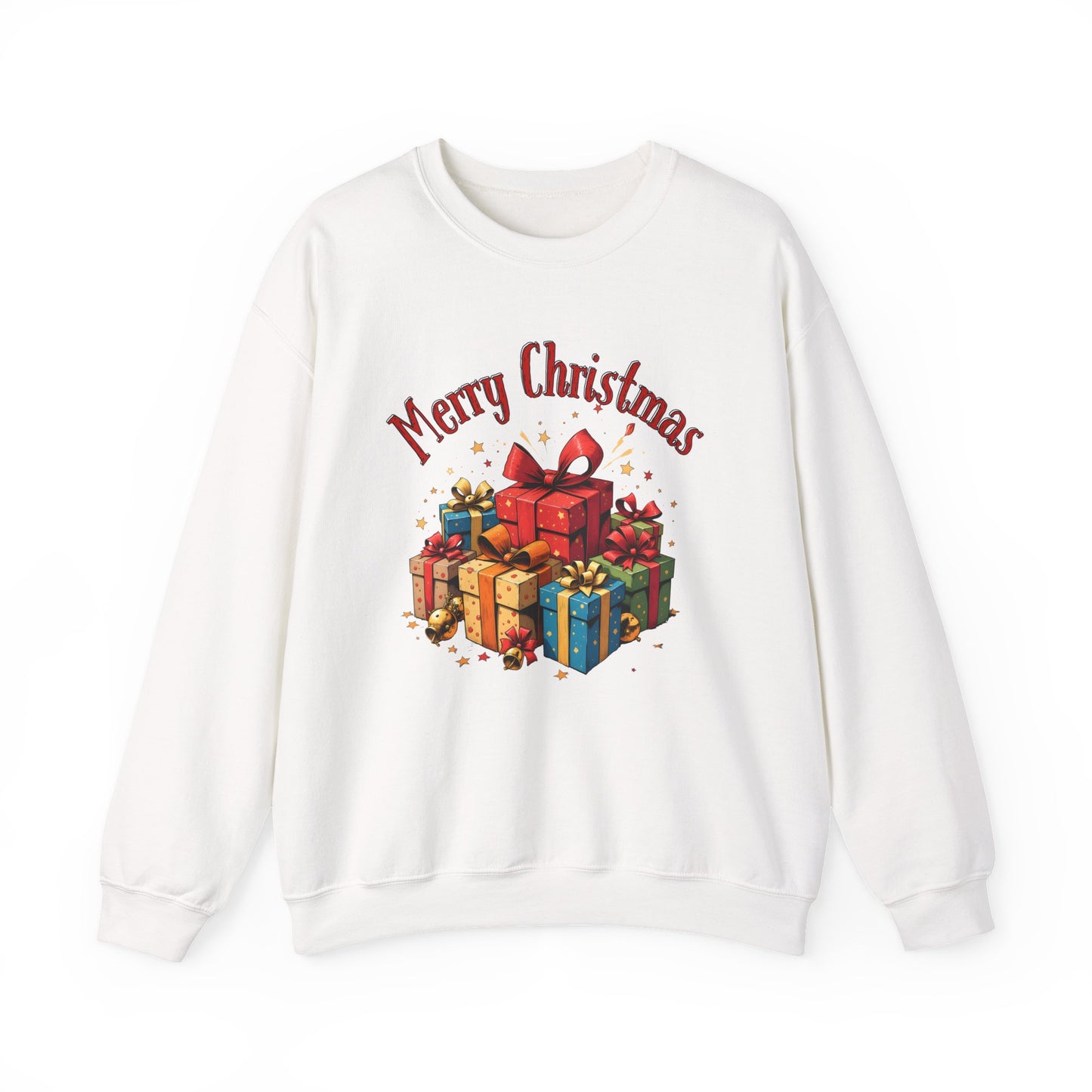 Christmas Crewneck Sweatshirt — "Merry Christmas" with Festive Gift Pile