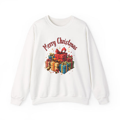 Christmas Crewneck Sweatshirt — "Merry Christmas" with Festive Gift Pile