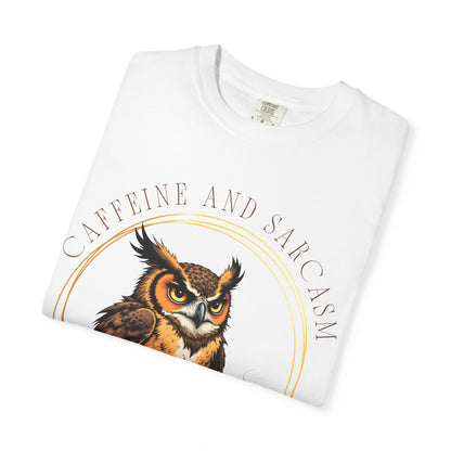 Coffee & Sarcasm Owl T-Shirt — "My Survival Kit" Graphic Tee