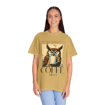 Coffee First Owl T-Shirt — Vintage Coffee Lover Graphic Tee