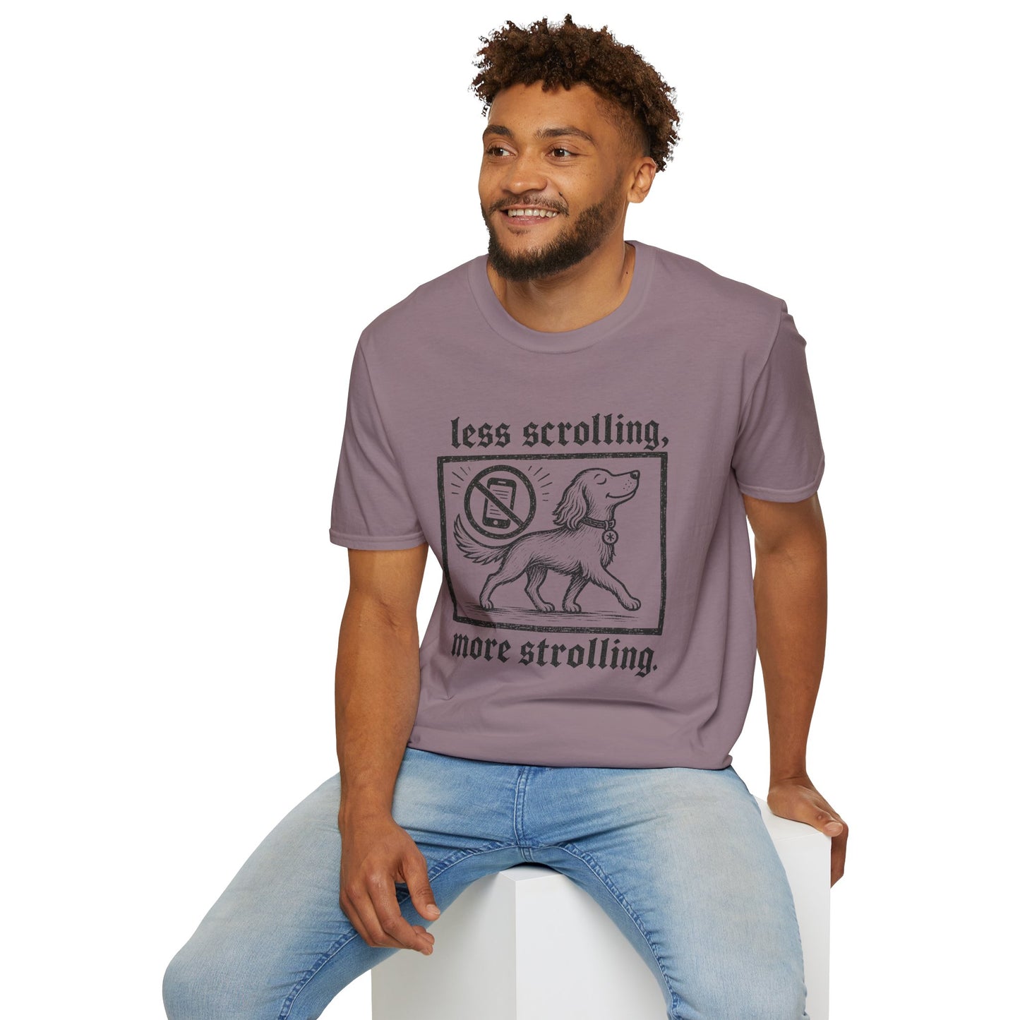 T-Shirt — "Less Scrolling, More Strolling" Dog Graphic Tee