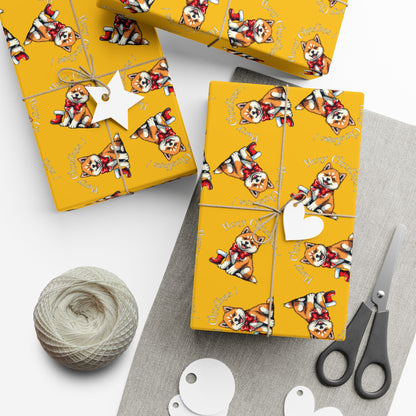 Dog Elf Pattern Gift Wrap Paper — Festive Shiba Inu Wrapping Sheets