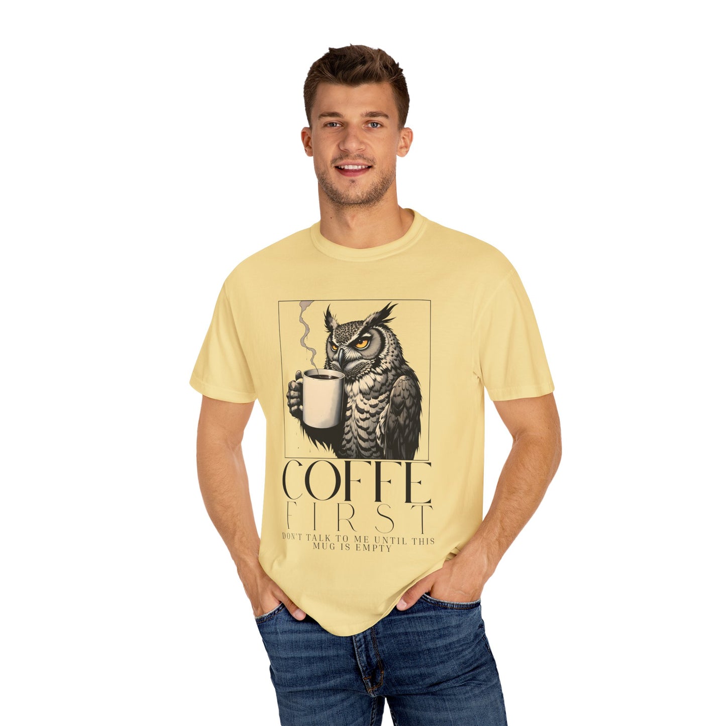 Coffee First Owl T-Shirt — Coffee Lover Graphic Tee