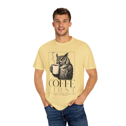 Coffee First Owl T-Shirt — Coffee Lover Graphic Tee