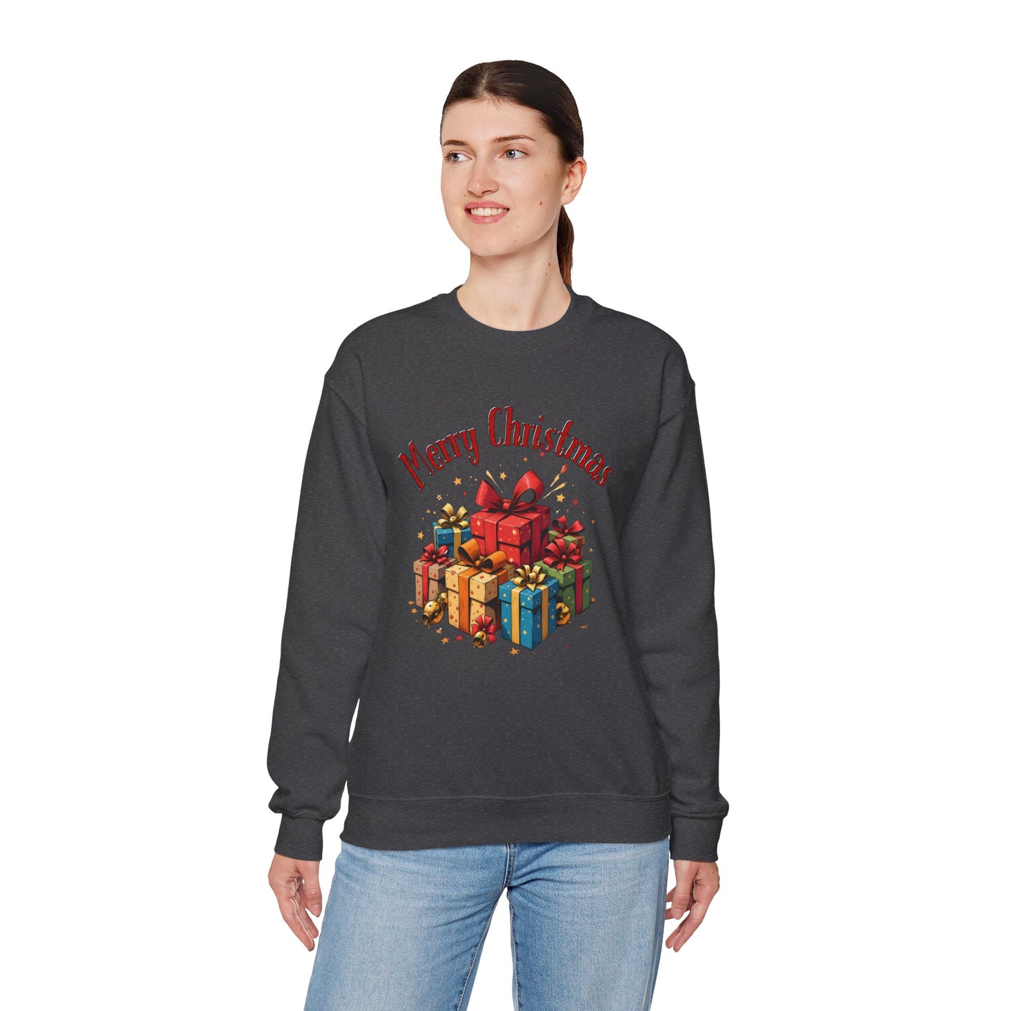 Christmas Crewneck Sweatshirt — "Merry Christmas" with Festive Gift Pile