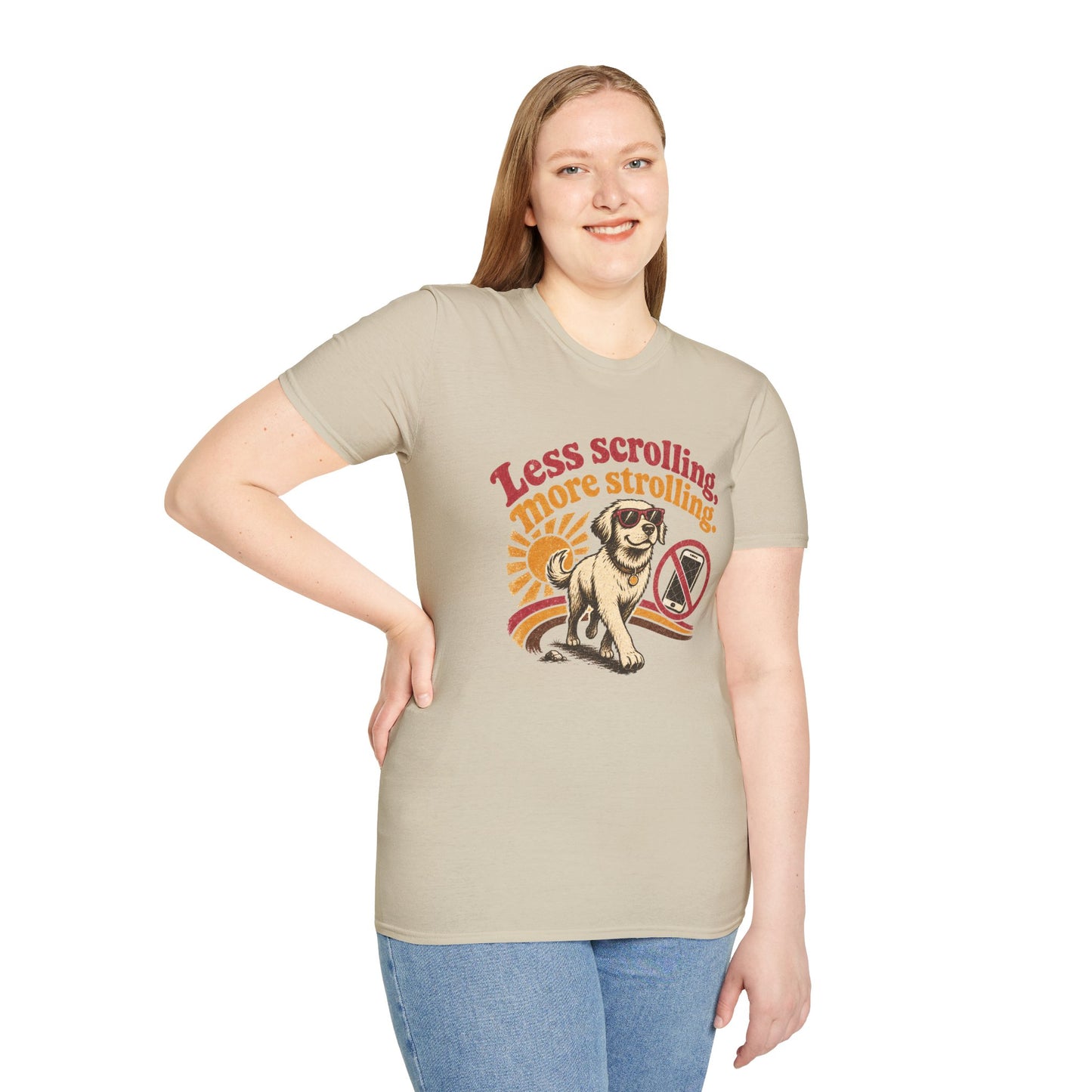 Less Scrolling More Strolling T-Shirt — Retro Dog Walk Graphic Tee