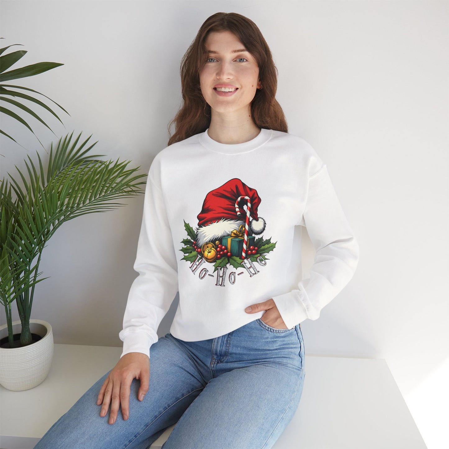 Christmas Sweatshirt - 'Ho-Ho-Ho' Santa Hat & Holly Holiday Crewneck