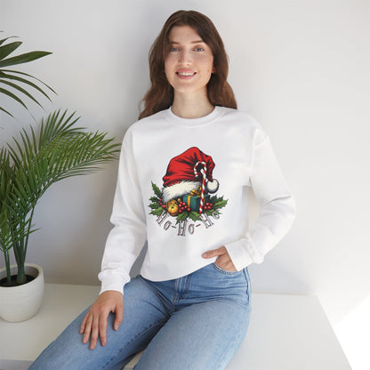 Christmas Sweatshirt - 'Ho-Ho-Ho' Santa Hat & Holly Holiday Crewneck